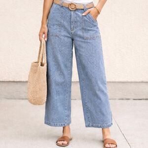 Universal Thread Striped Wide Leg Crop Jeans Blue Railroad Utility Size 12